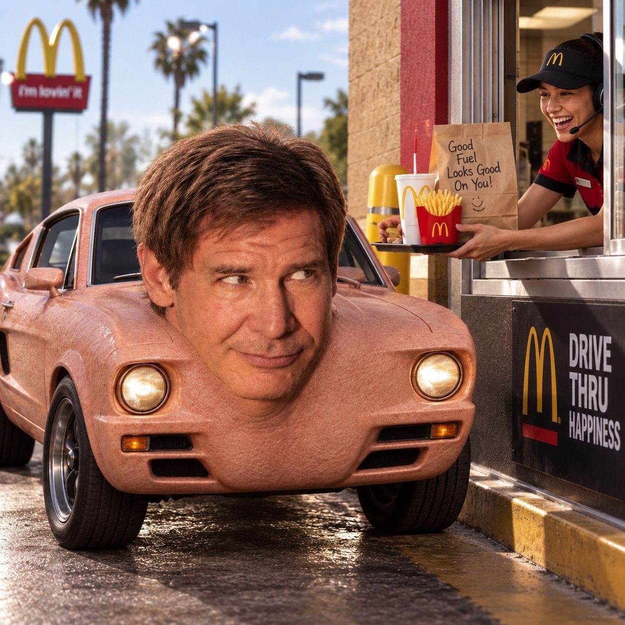 Harrison Ford car at a McDonald’s drive-thru being handed fries