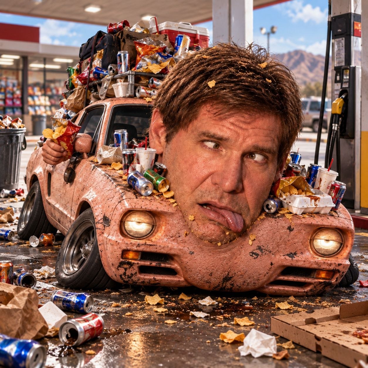 Harrison Ford car covered in snacks and cans at a gas station, tongue out