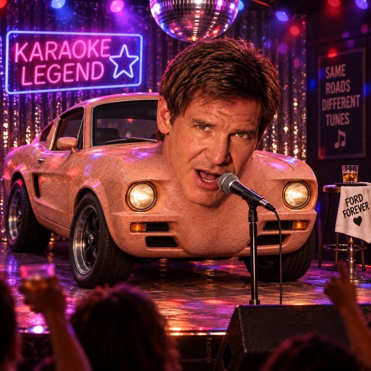 Harrison Ford car singing into a microphone on a karaoke stage under a disco ball
