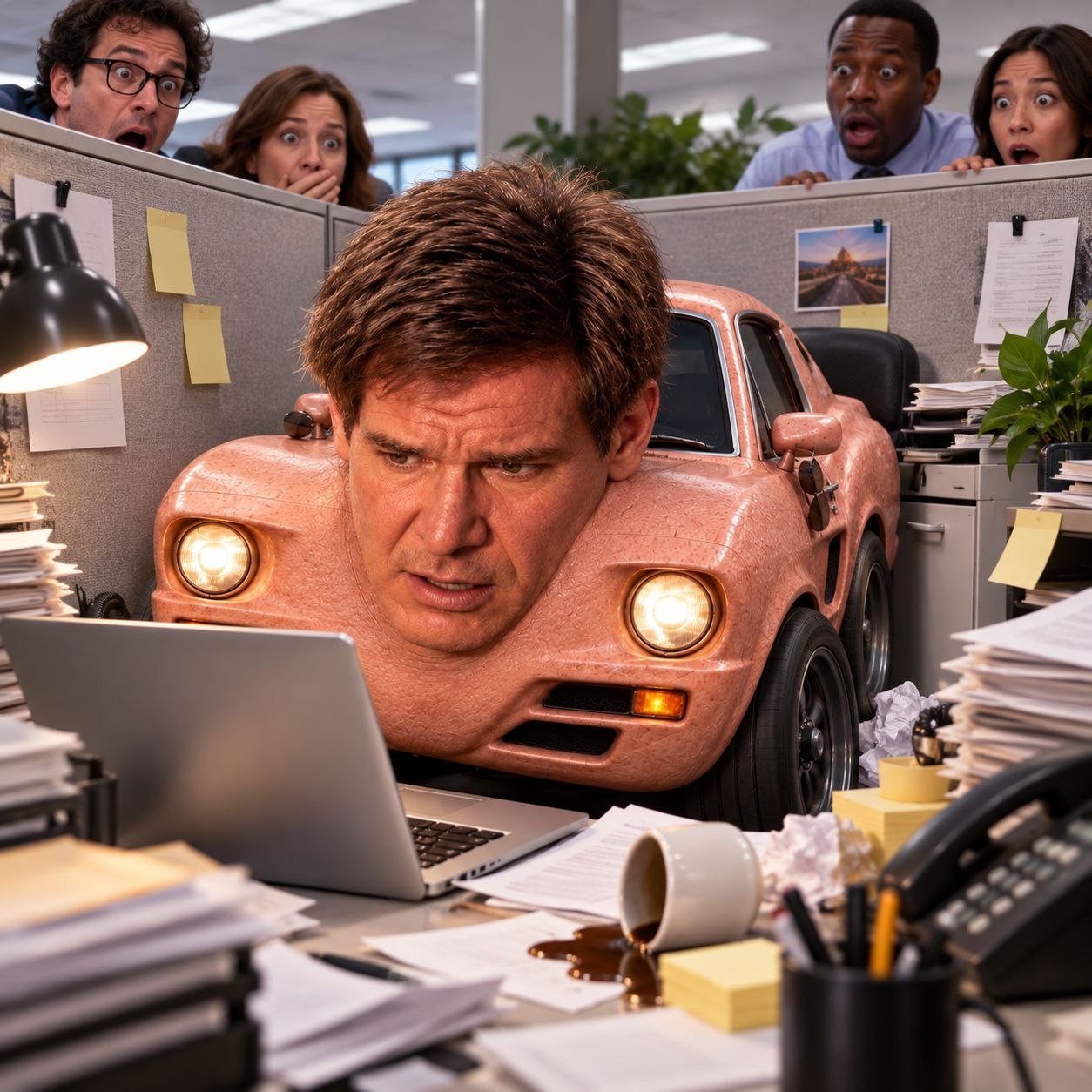 Harrison Ford car squeezed into an office cubicle staring at a laptop while coworkers gasp